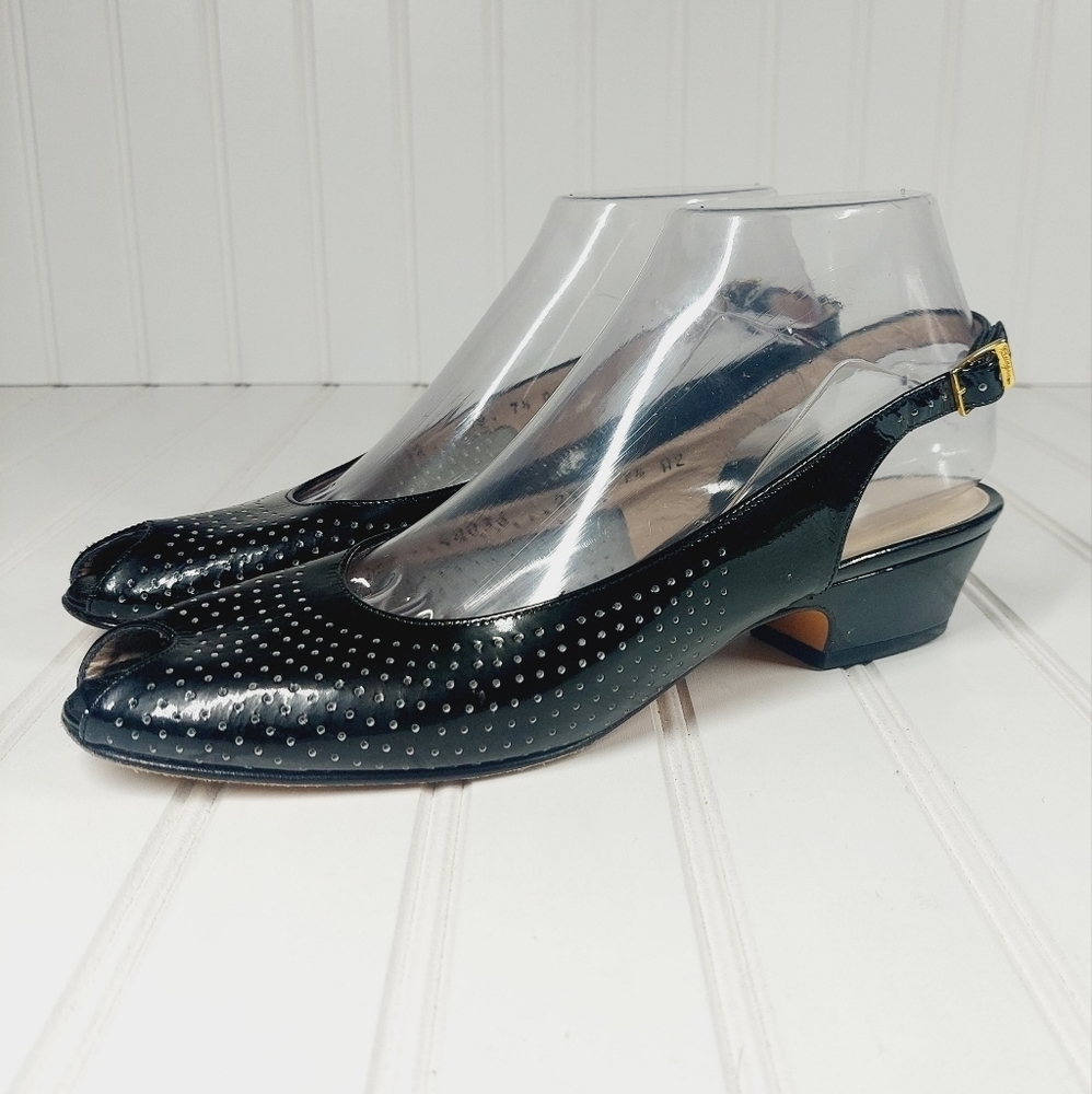 Salvatore Ferragamo Black Studded Peep Toe Slingback Heels F836